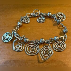 Silver Tone Spiral Charm Chain Bracelet Womens 7 Inch Hook Clasp Boho Jewelry